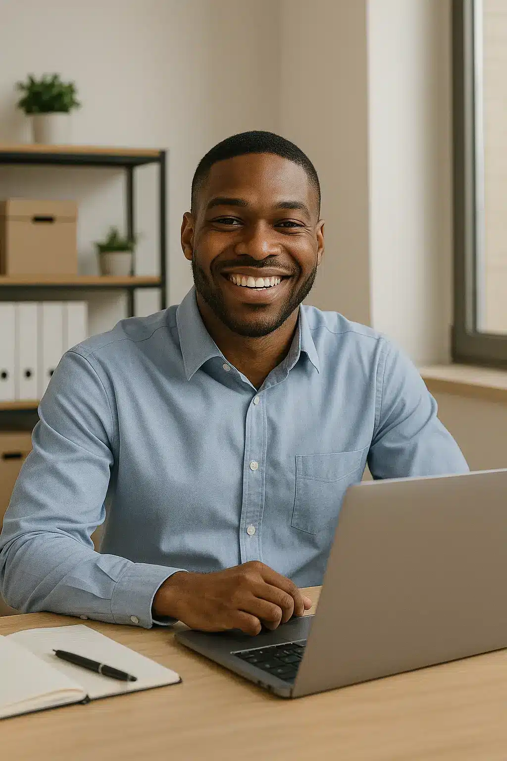 A smiling man in a light blue shirt sits at a desk with a laptop, notebook, and pen, working on ROSEMET Project Management. Shelves with plants and folders are in the background, as daylight streams through a nearby window.