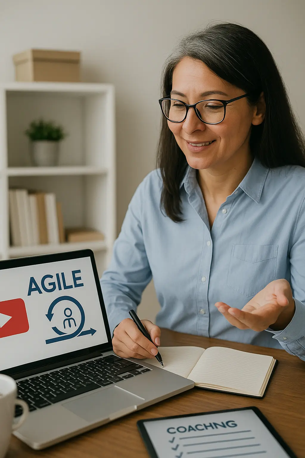 A woman with glasses sits at a desk, smiling and gesturing while taking notes. In front of her, a laptop displays "AGILE" and a ROSEMET PMI-ACP Coaching checklist on a tablet. Bookshelves line the background.