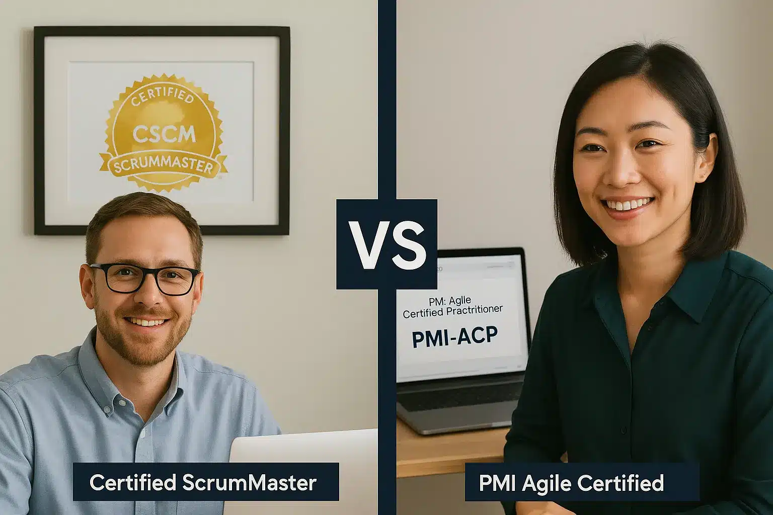 Split image showing a smiling man with a "Certified ScrumMaster" certificate on the left and a woman with a "PMI Agile Certified Practitioner (PMI-ACP)" certificate on the right, highlighting ROSEMET PMI-ACP Coaching for agile certification success.