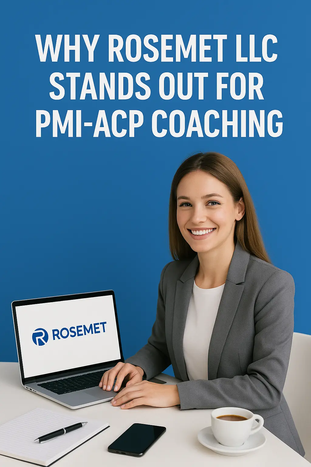 A smiling woman in a gray blazer sits at a desk with a laptop displaying the Rosemet logo, notebook, pen, smartphone, and coffee. Text above reads, "Why ROSEMET PMI-ACP Coaching makes Rosemet LLC stand out for Agile certification.