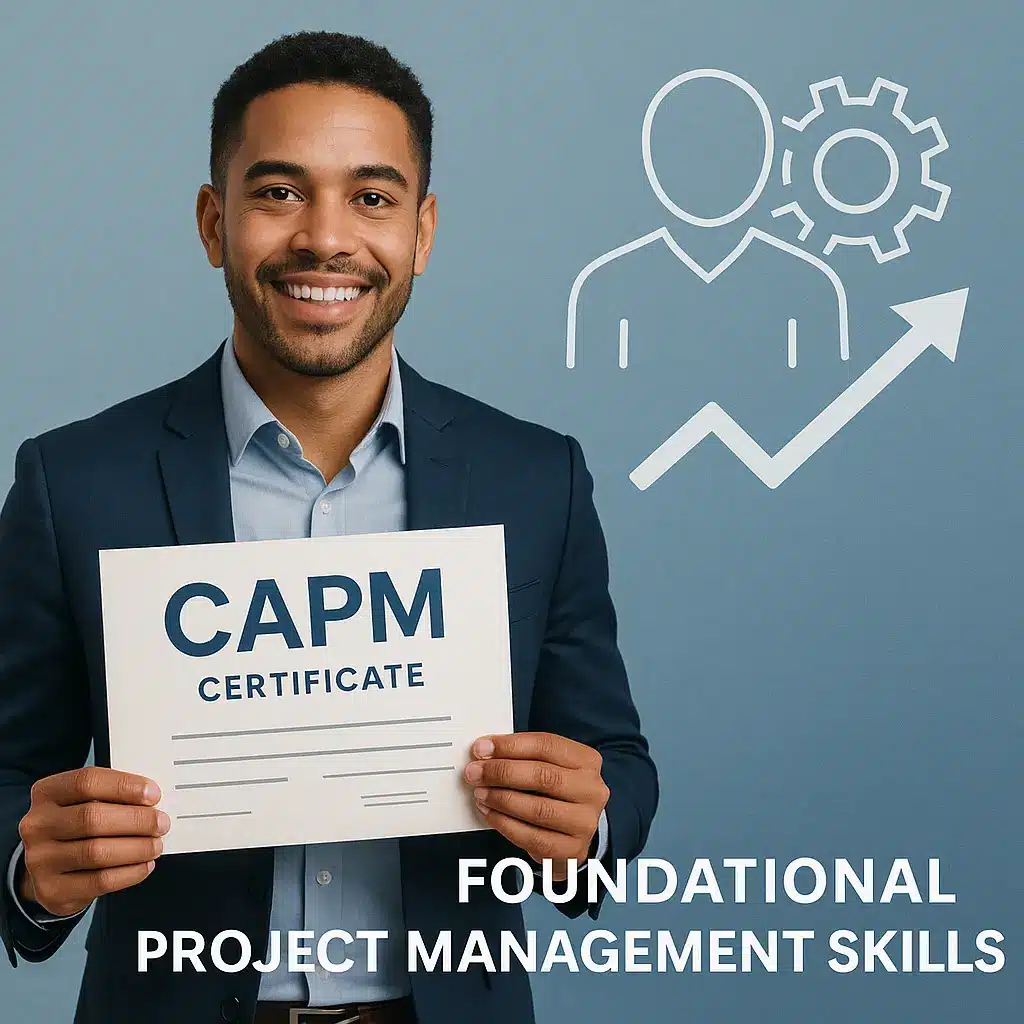 A smiling man in a suit holds a sign reading "CAPM Certificate" in front of a blue background with an icon of a person, a gear, and an upward arrow. Text below reads "Foundational Project Management Skills.