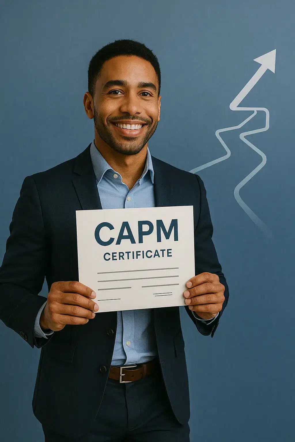Smiling man in a suit holds a sign that says "CAPM Certificate" against a blue background with an upward arrow, symbolizing progress or growth.
