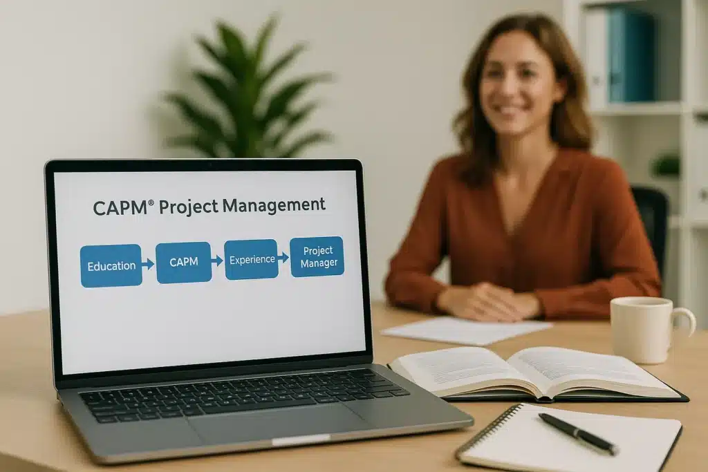 A laptop on a desk displays a CAPM Project Management flowchart. An open notebook, pen, and coffee cup are nearby, highlighting a productive study session. A smiling woman sits in the background, slightly out of focus.