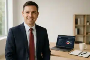 A smiling man in a dark suit and red tie stands in an office next to a desk with a laptop displaying CAPM Project Management charts, a notebook with a pen, and a white coffee cup. Shelves and a window are in the background.