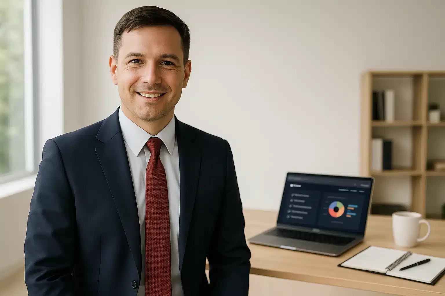 A smiling man in a dark suit and red tie stands in an office next to a desk with a laptop displaying CAPM Project Management charts, a notebook with a pen, and a white coffee cup. Shelves and a window are in the background.