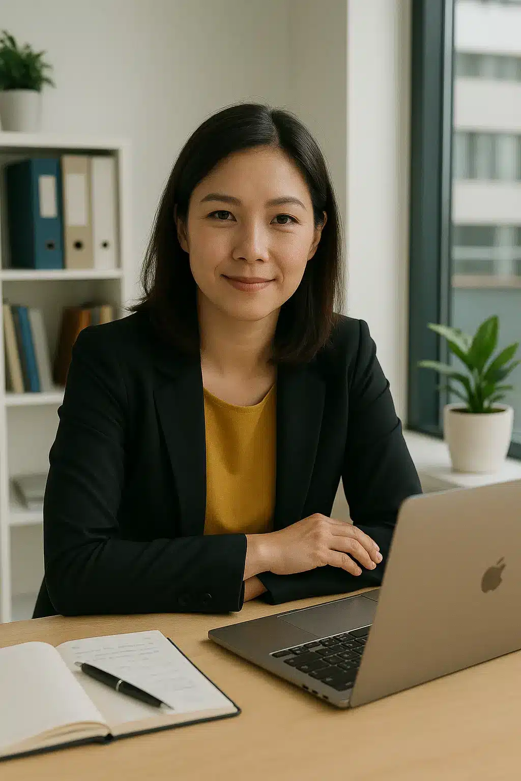 A woman in a black blazer and yellow top sits at a desk with a laptop, notebook, and pen—smiling confidently as she manages her Hybrid Project Management tasks. Shelves and a potted plant are visible in the background.