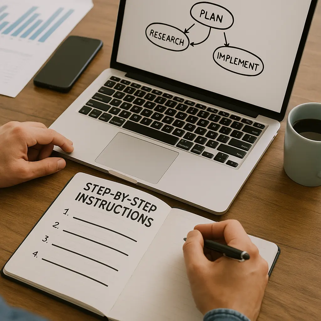 A person writes "Step-by-step instructions" in a notebook beside a laptop displaying a Hybrid Project Management flowchart with the words "Plan," "Research," and "Implement." A coffee mug and a document with a bar graph are also on the desk.