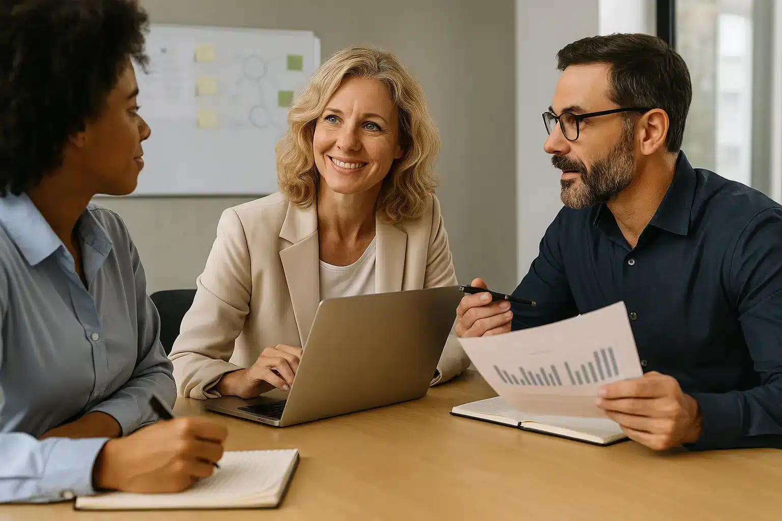 Three business professionals sit at a table in an office, having a discussion about Hybrid Project Management. One woman types on a laptop, another takes notes, and a man holds a report with graphs. They appear engaged and collaborative.
