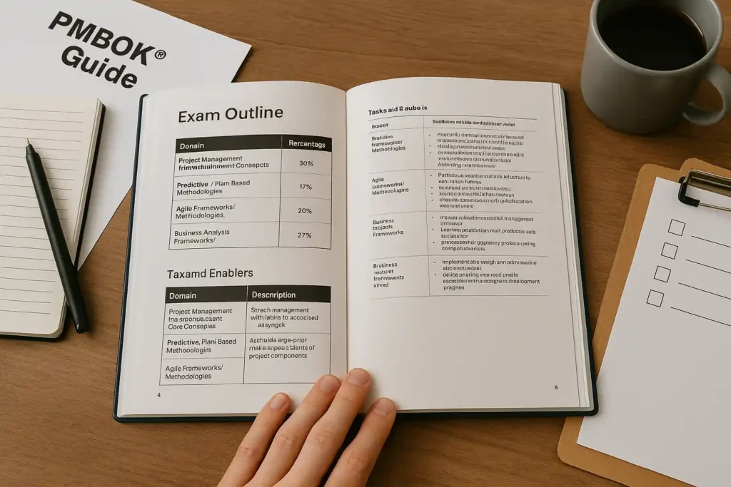 A person’s hand holds open a PMBOK Guide displaying an exam outline, percentage breakdown by domain, and a table of tasks and enablers. A notebook, clipboard, and cup of coffee are on the wooden desk.