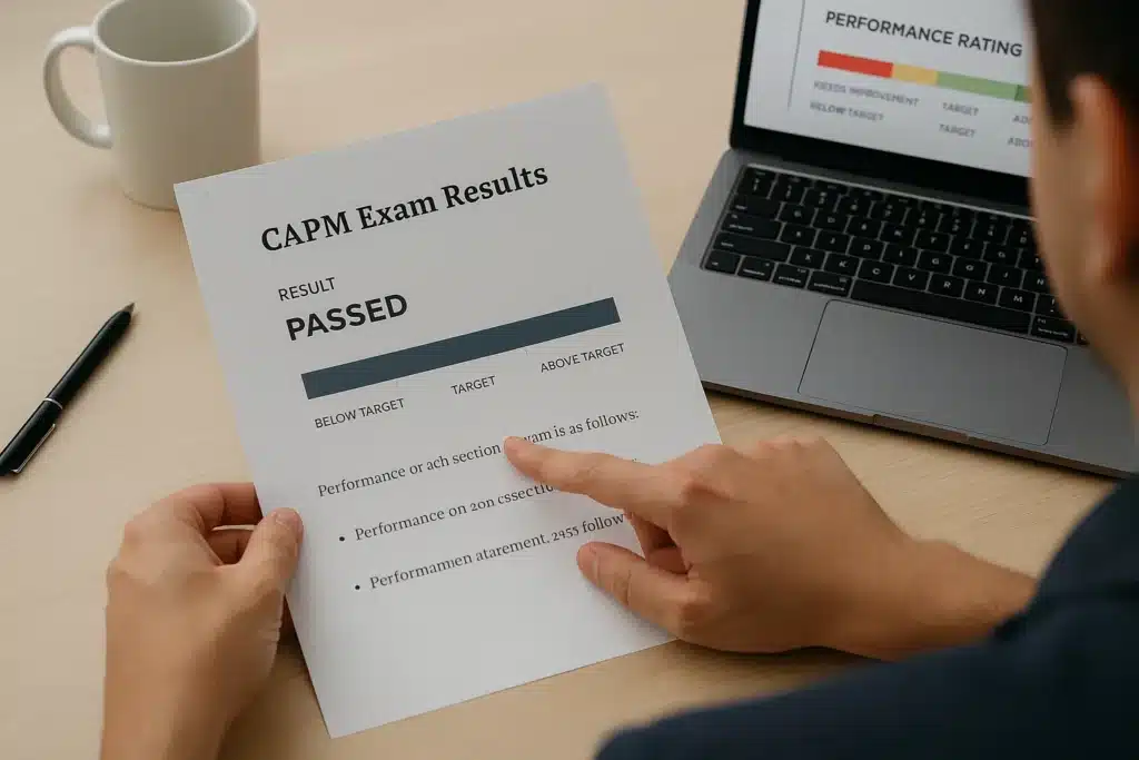 A person points to a printed CAPM Exam Results sheet showing a "PASSED" result, with a laptop displaying a performance rating chart open on the desk nearby.
