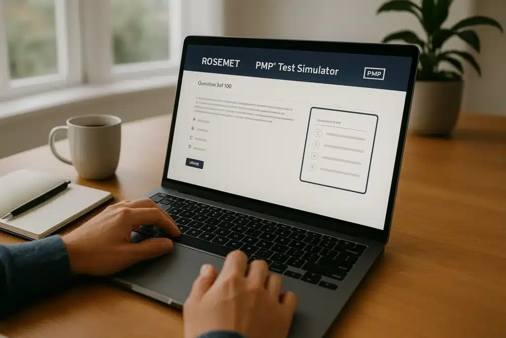 A person types on a laptop displaying the ROSEMET PMP Test Simulator with multiple choice questions. A notepad, pen, and mug sit on the wooden desk, while a potted plant decorates the background.
