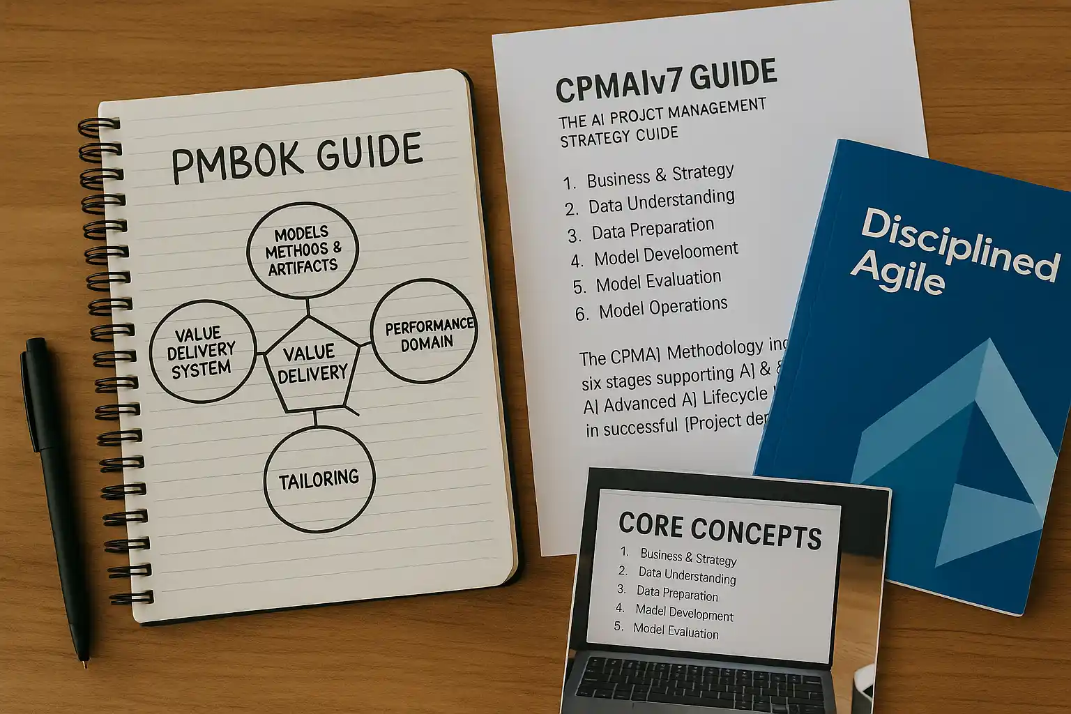 A desk with a PMBOK Guide notebook showing a diagram, a CPMAI v7 Guide paper, a blue Disciplined Agile booklet, and a laptop displaying a slide titled "Core Concepts.