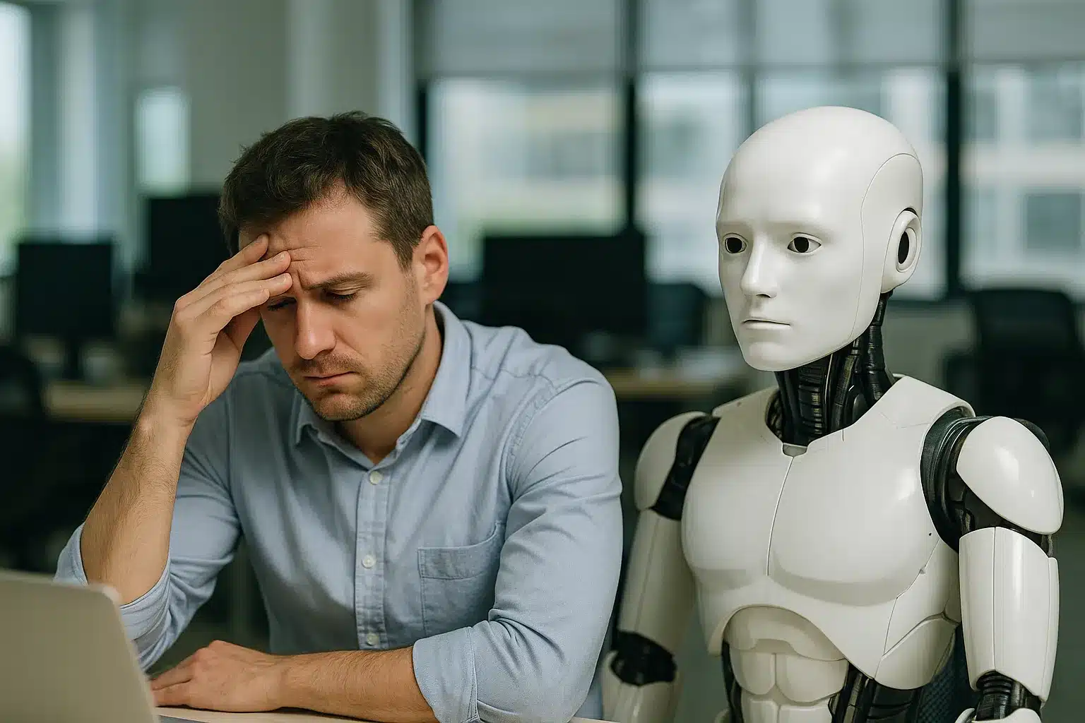 A man sits at a desk looking stressed with his hand on his forehead, while a humanoid robot—symbolizing AI in Project Management—sits beside him in an office environment.