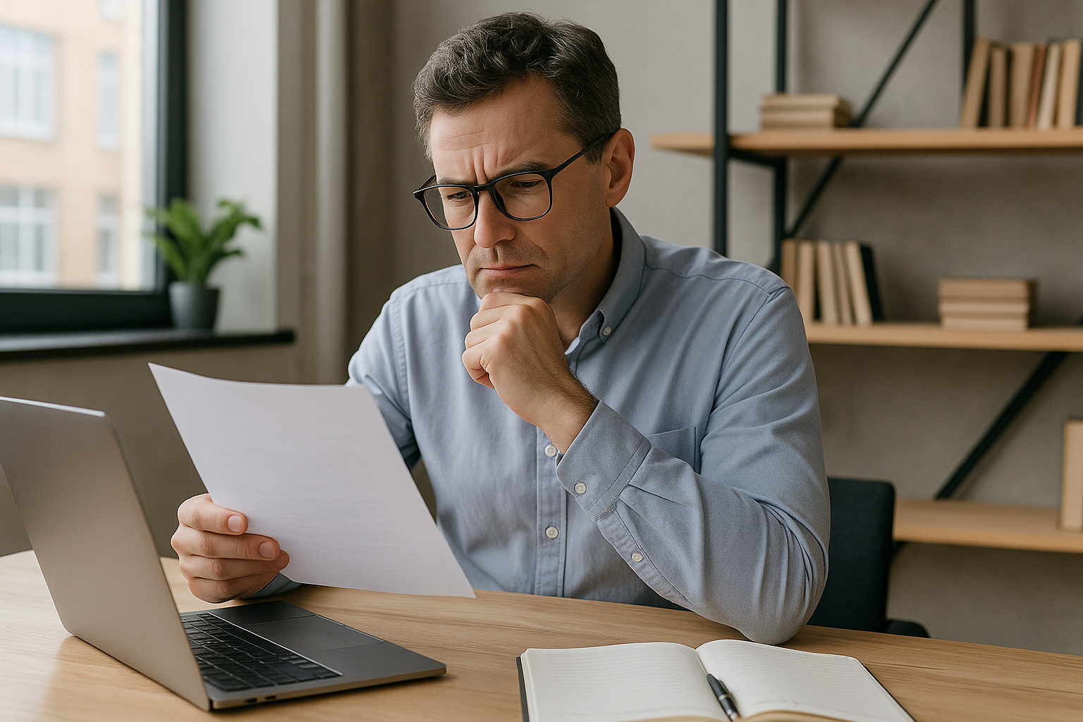 A man wearing glasses sits at a desk with a laptop and an open notebook, holding and reading a sheet of paper while appearing thoughtful and focused—perhaps considering the impact of AI in Project Management. Shelves and a window are in the background.