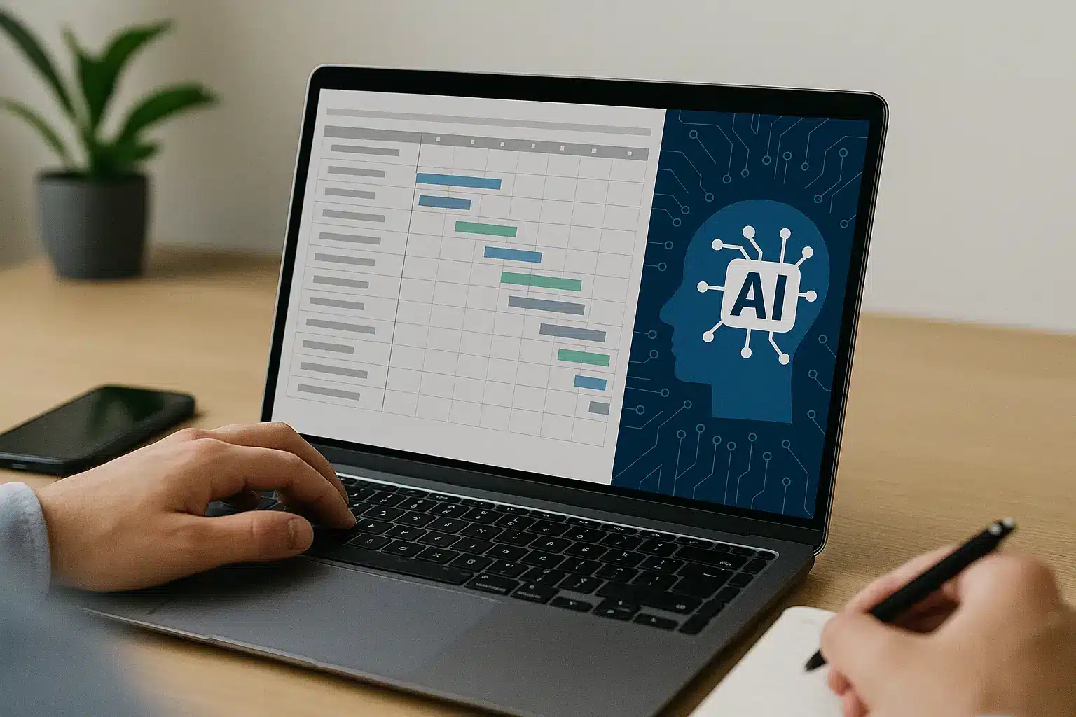 A person uses a laptop displaying a Gantt chart and an AI in Project Management graphic, while holding a pen and writing in a notebook at a wooden desk.