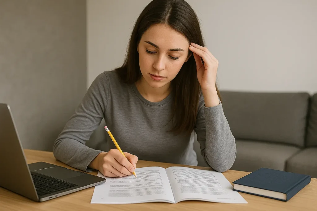 A woman sits at a desk, focused on writing in a notebook with a pencil. A closed laptop, blue book, and CAPM Mock Exam materials are on the table as she studies diligently in a quiet room.