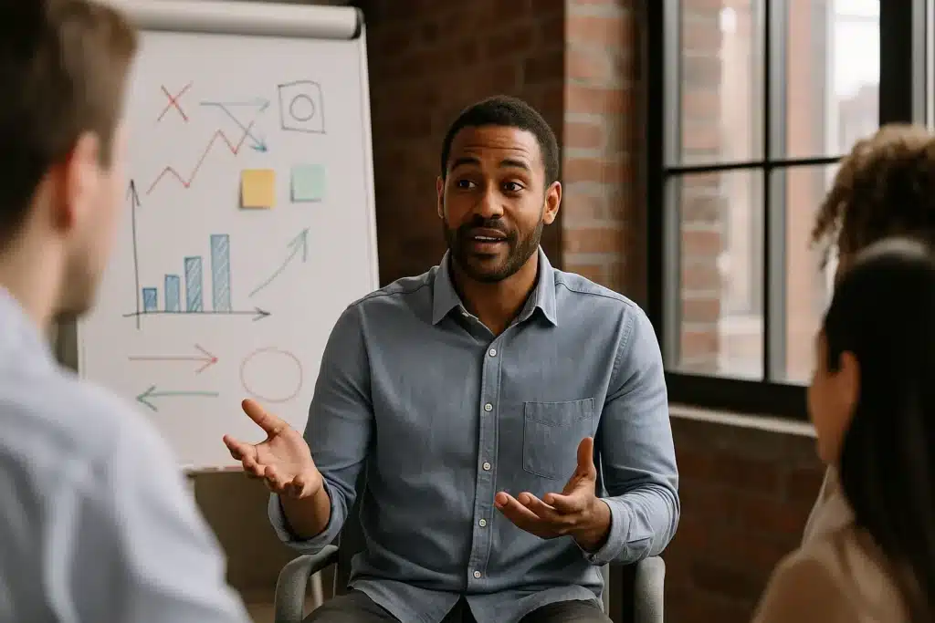 A man gestures while speaking to three people in an office, with a whiteboard behind him displaying colorful charts and graphs—perfect for discussing PMI-ACP Episode 3 - Mindset. Large windows and brick walls are visible in the background.