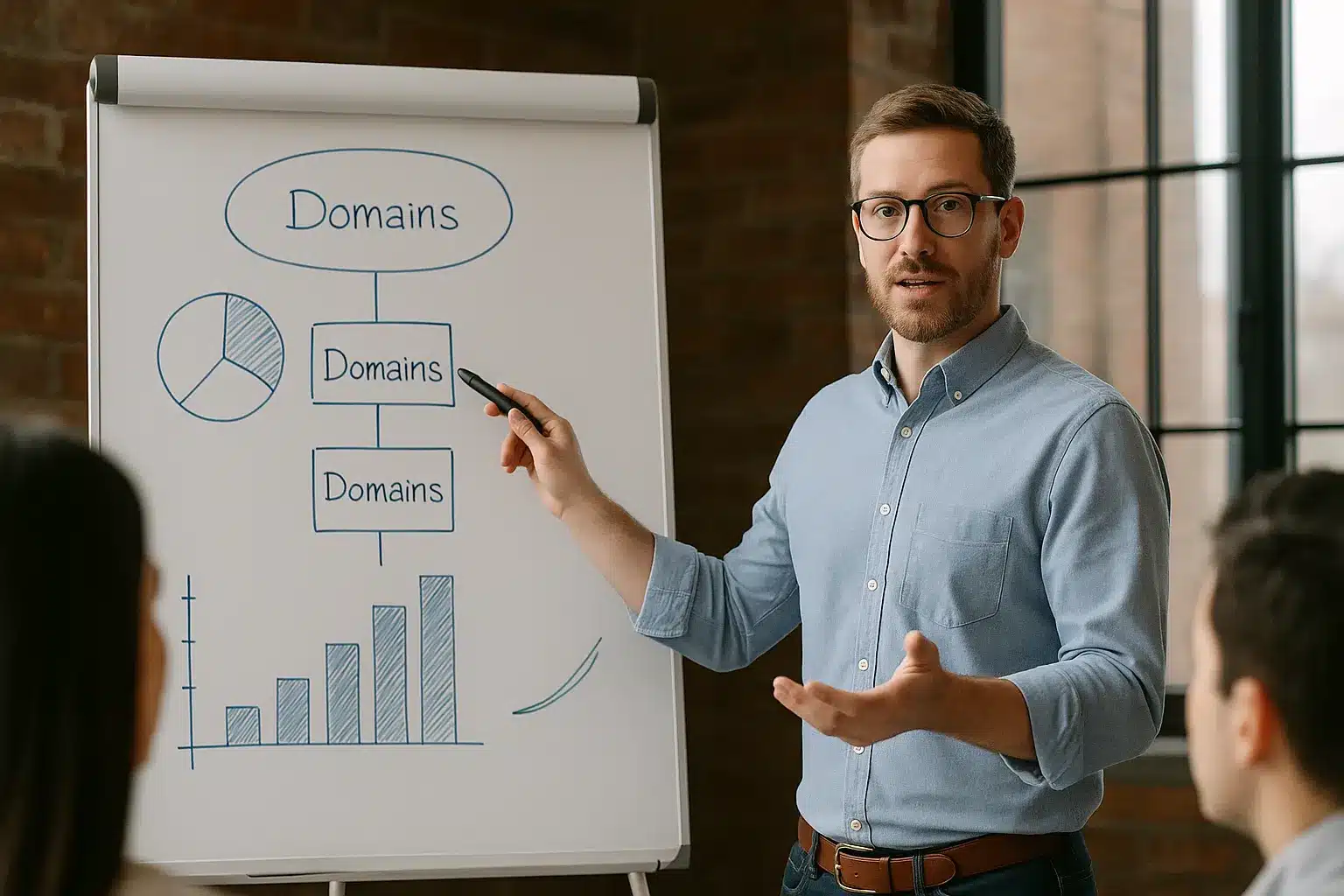 A man in glasses and a blue shirt presents a diagram on a flip chart to two people. The charts include key visuals as he gestures while explaining concepts from PMI-ACP Episode 3 - Mindset.