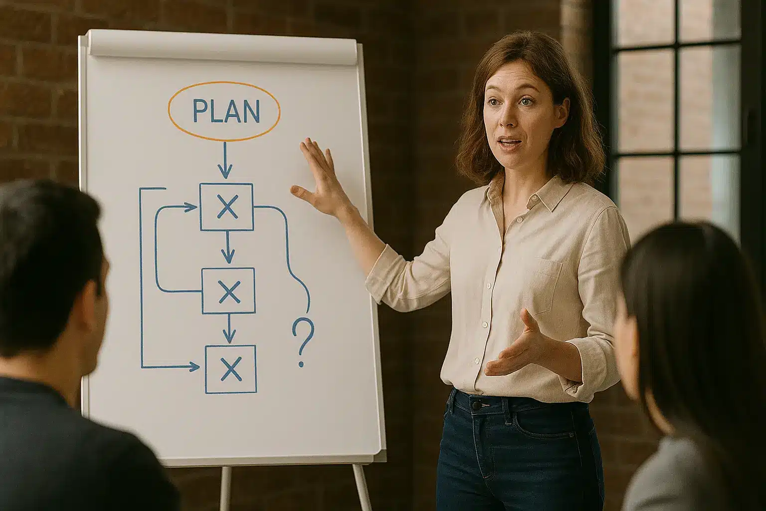 A woman stands by a flip chart with a flowchart labeled "PLAN," explaining the diagram to two seated people during a PMI-ACP Episode 3 - Mindset session in a meeting room with brick walls and large windows.