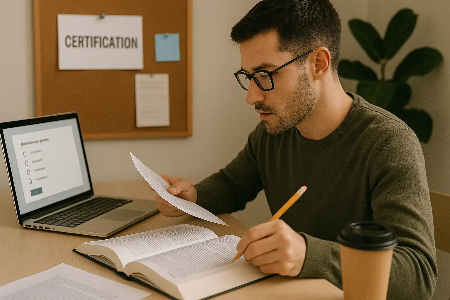 A man wearing glasses sits at a desk with a laptop, open book, paper, and pencil, studying. A corkboard with a "CERTIFICATION" sign and "PMI-ACP Episode 3 - Mindset" note is on the wall. A coffee cup rests on the desk.