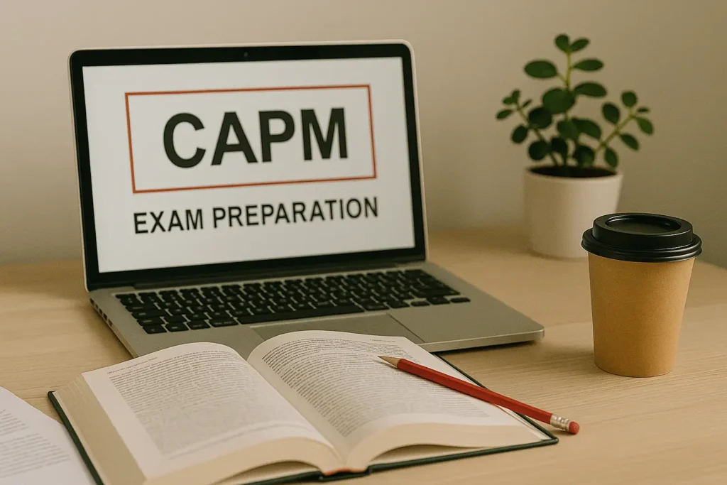 A laptop on a desk displays "CAPM Exam Preparation" on the screen. An open book with a red pencil lies in front, next to a takeaway coffee cup and a small potted plant—perfect for your ROSEMET CAPM Certification journey.