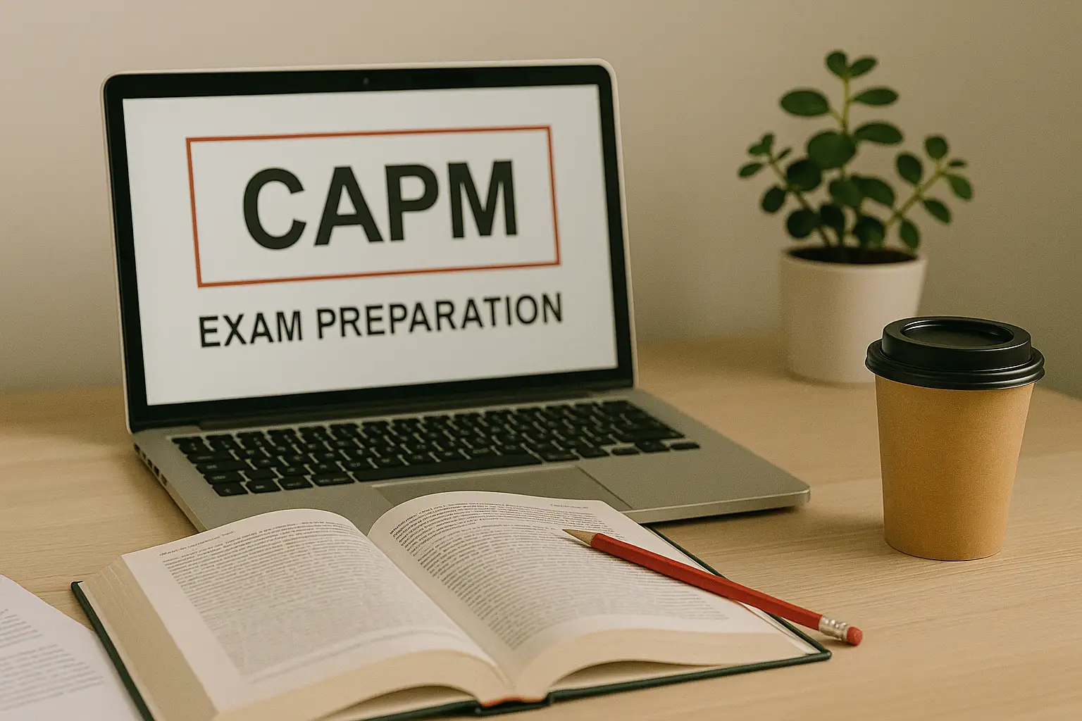 A laptop on a desk displays "CAPM Exam Preparation" on the screen. An open book with a red pencil lies in front, next to a takeaway coffee cup and a small potted plant—perfect for your ROSEMET CAPM Certification journey.