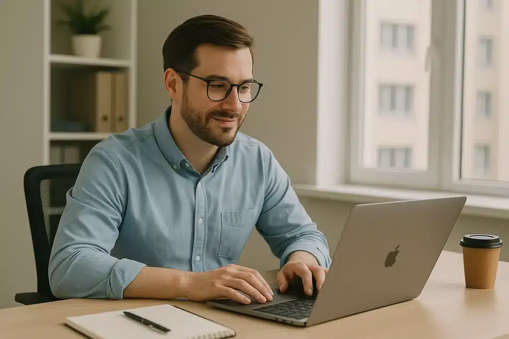 A man with glasses and a beard is sitting at a desk, typing on a laptop as he researches CAPM Certification Jobs. A notebook, pen, and takeaway coffee cup are on the desk. There is a window and shelves with folders and a plant in the background.