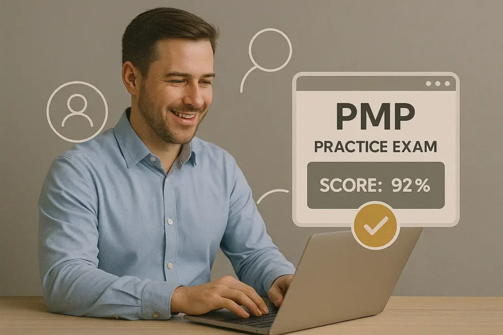 A smiling man in a light blue shirt uses a laptop. On the right, a graphic shows “PMP Practice Exam” with a score of 92% and a yellow check mark, highlighting his success with the PMP exam simulator.