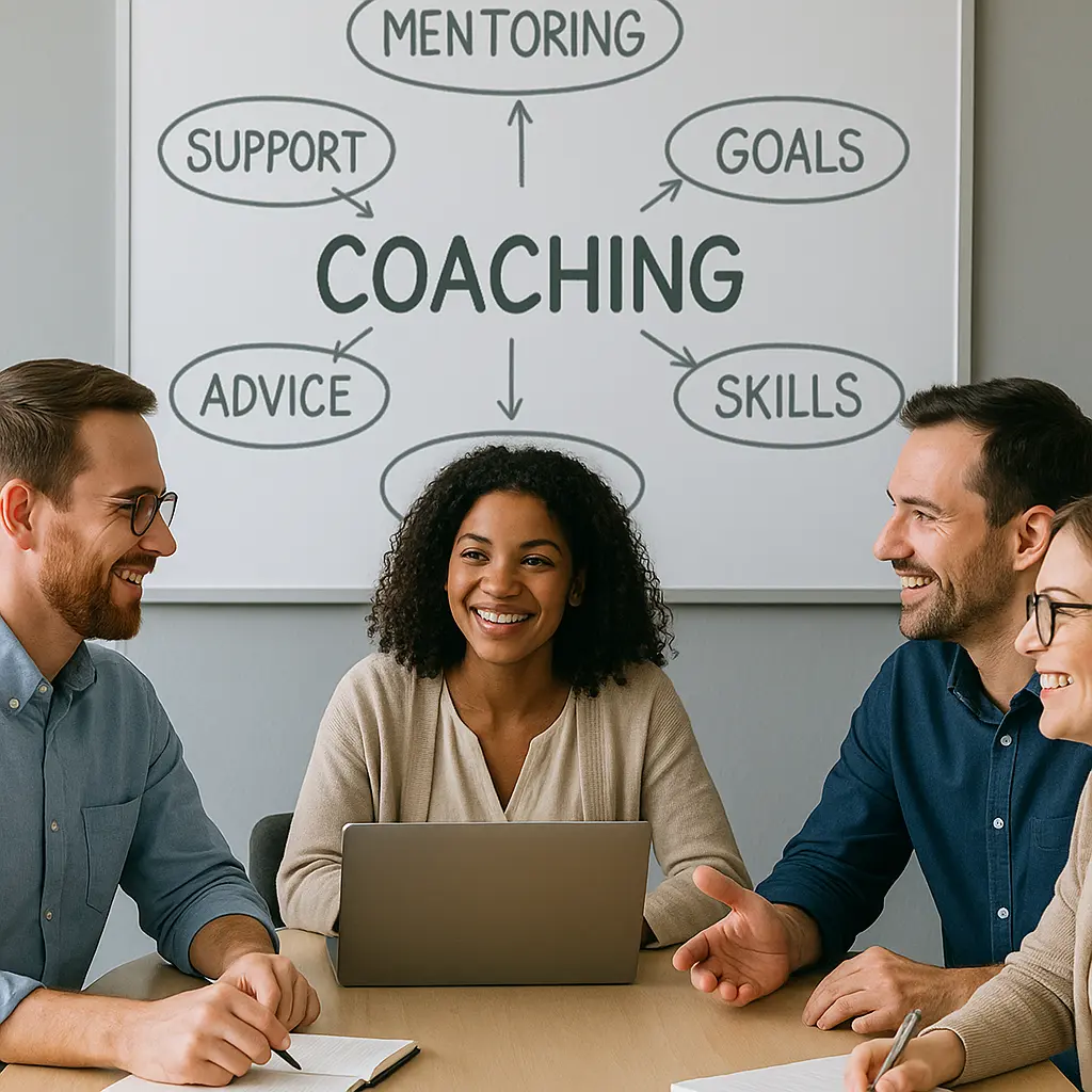 Four people sit around a table smiling and talking, with a laptop in front of them. Behind them, a whiteboard displays words linked to "Coaching," highlighting the collaborative spirit of the ROSEMET PMP Community.