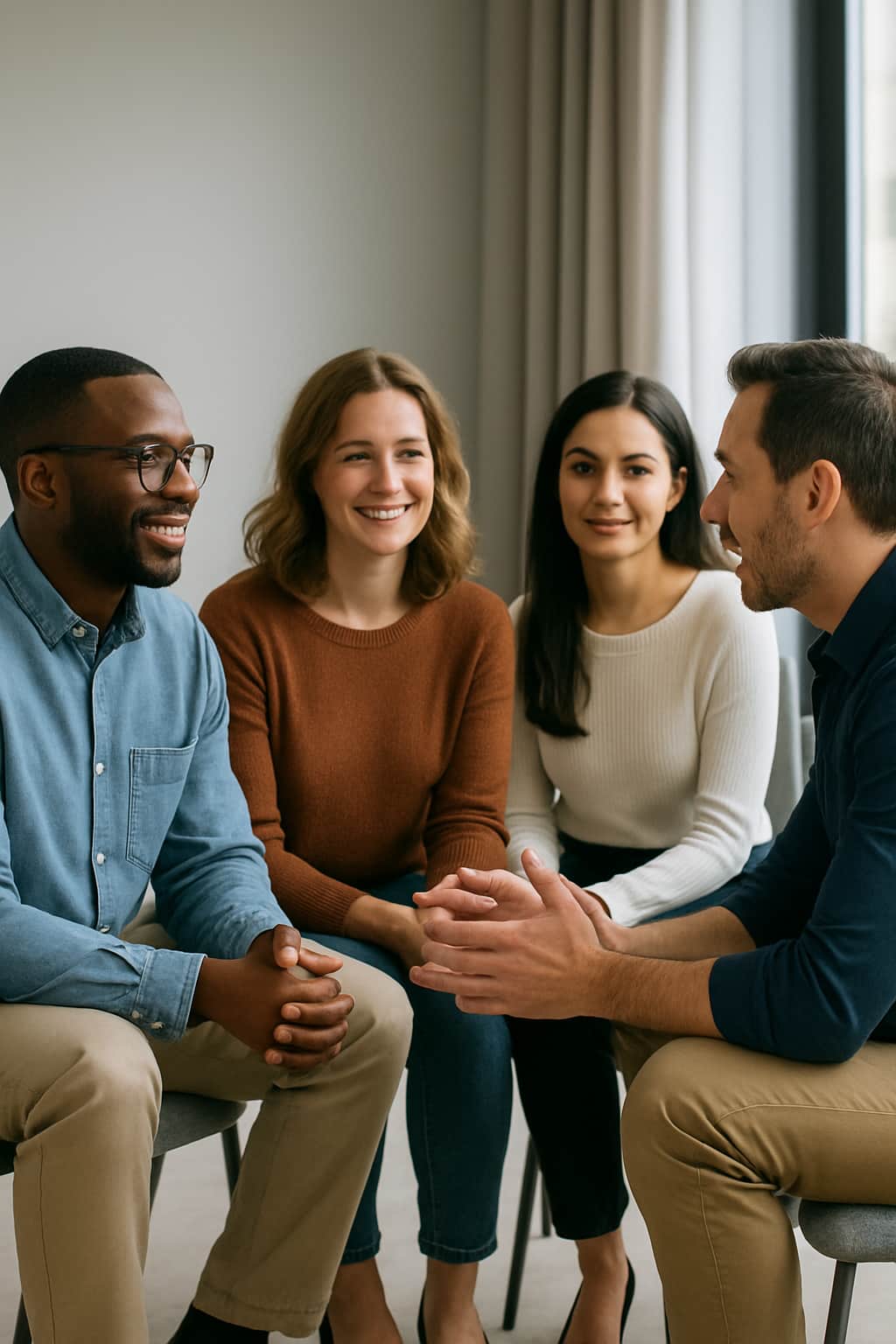 Four people sit in a circle, engaged in a friendly conversation. Three are attentively listening and smiling while one man gestures as he speaks, reflecting the supportive spirit of the ROSEMET PMP Community in a bright, informal setting.