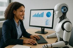 A woman in business attire smiles while working at a computer next to a humanoid robot; charts and graphs are displayed on the monitor behind them.