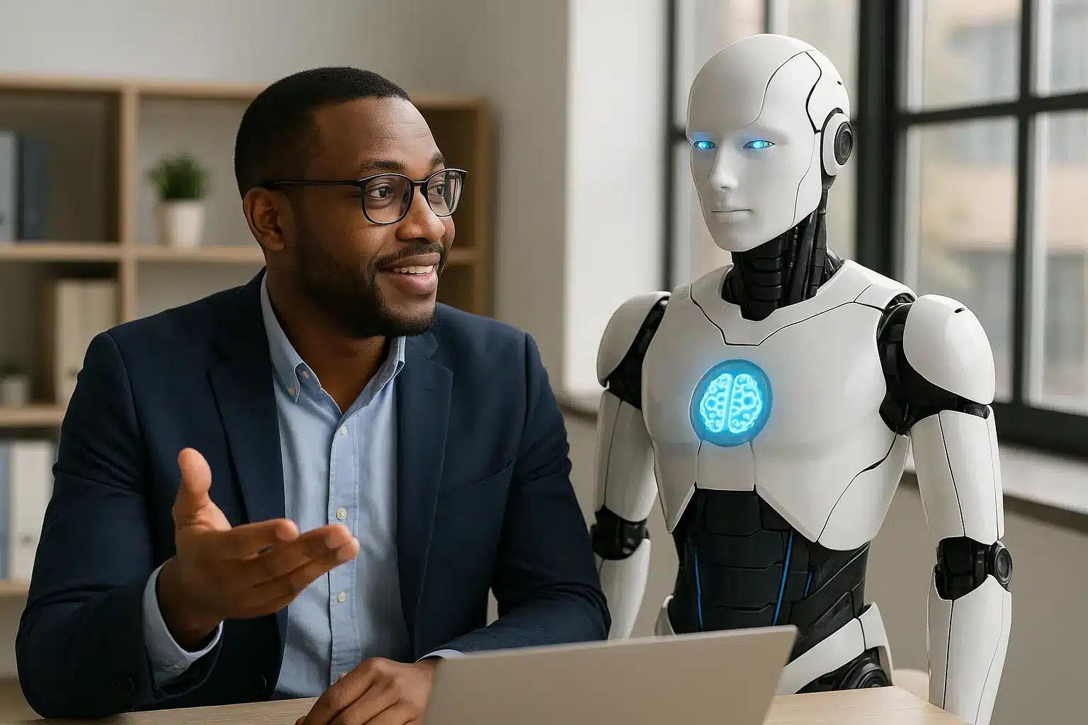A smiling man in a suit gestures while sitting at a desk next to a humanoid robot with glowing blue eyes and a lit brain symbol on its chest, in a modern office setting.