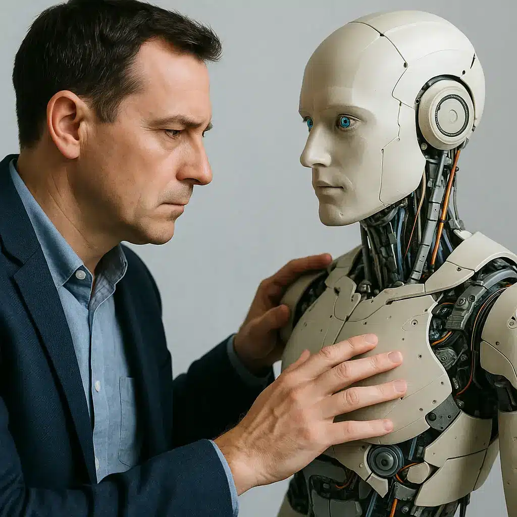 A man in a suit looks intently at a humanoid robot, placing his hands on its chest. The robot has a realistic face, visible wiring, and mechanical parts, while both appear engaged in a serious interaction.