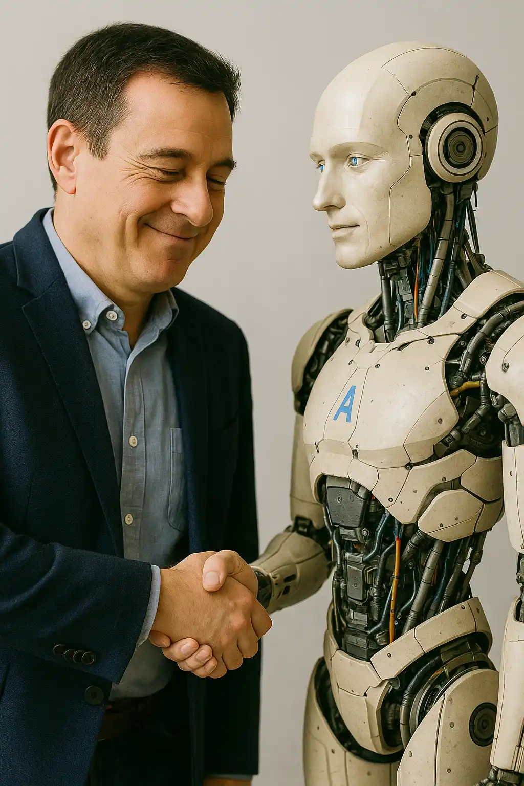 A man in a suit smiles while shaking hands with a humanoid robot. The robot has a human-like face, mechanical joints, and is looking at the man. Both are standing against a plain background.