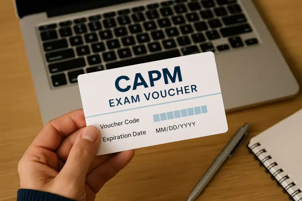 A hand holds a CAPM Exam Voucher card, featuring spaces for a voucher code and expiration date, in front of a laptop and spiral notebook on a wooden desk.