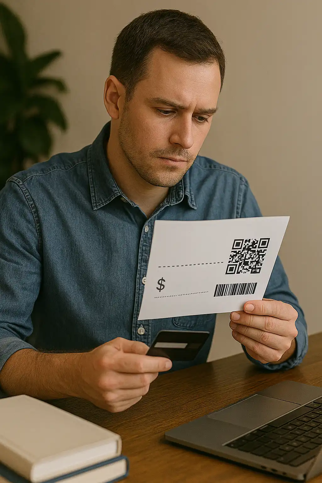 A man in a denim shirt sits at a desk, holding a CAPM Exam Voucher with a QR code and barcode in one hand and his credit card in the other, looking at it intently. A laptop and books are on the desk.