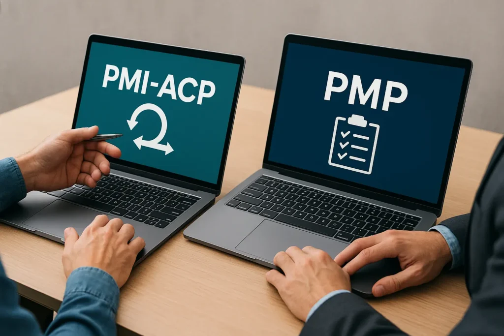 Two people sit at a desk with laptops. One screen displays "PMI-ACP" with an agile symbol, and the other shows "PMP" with a clipboard icon, highlighting the PMI-ACP vs PMP project management certifications.