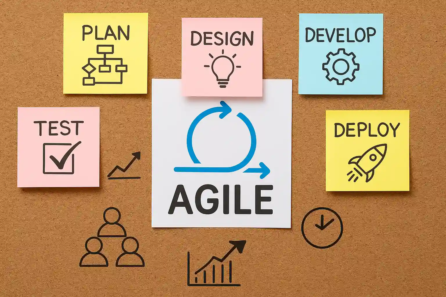 Corkboard with sticky notes showing Agile steps: Plan, Design, Develop, Test, Deploy. In the center, "AGILE" is highlighted—great for illustrating PMI-ACP vs PMP approaches—surrounded by process and business icons.
