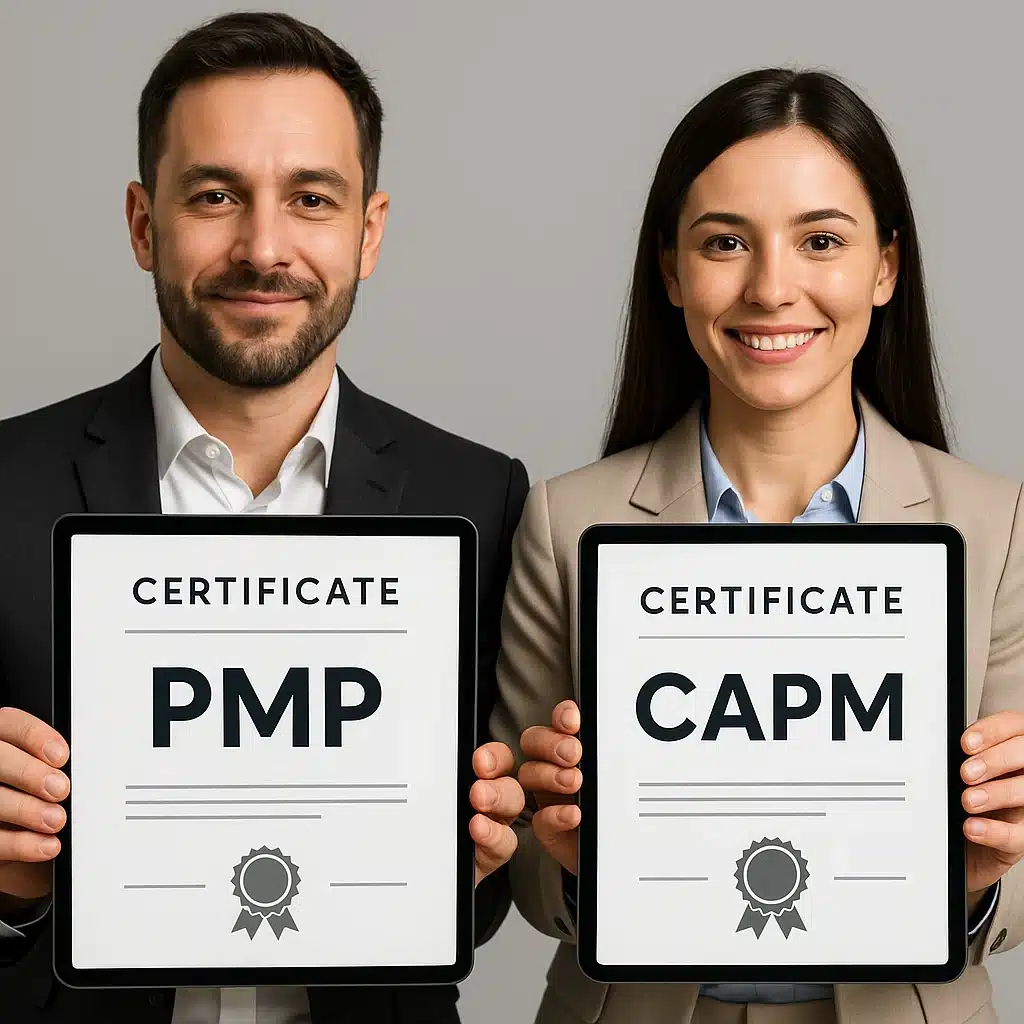 A man and a woman in business attire smile while holding certificates; his reads "PMP" and hers reads "CAPM," highlighting their achievements in project management, an important aspect when considering PMI-ACP vs PMP certification options.