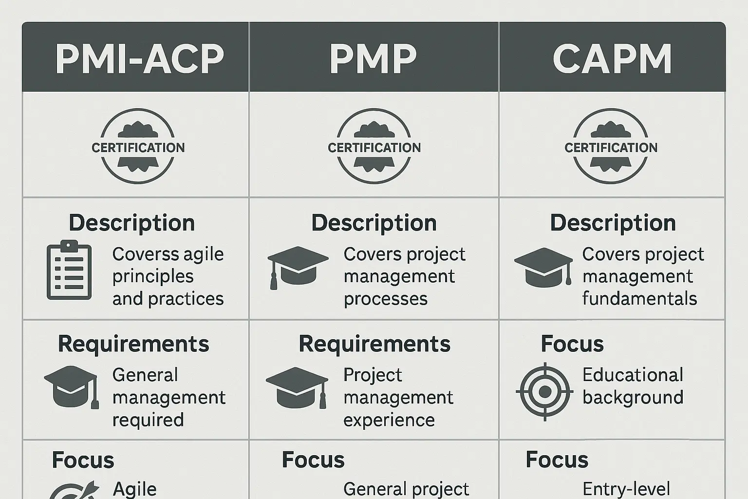 A PMI-ACP vs PMP vs CAPM comparison chart highlighting descriptions, requirements, and focus areas, with clear icons like clipboard, graduation cap, and gears for easy reference.