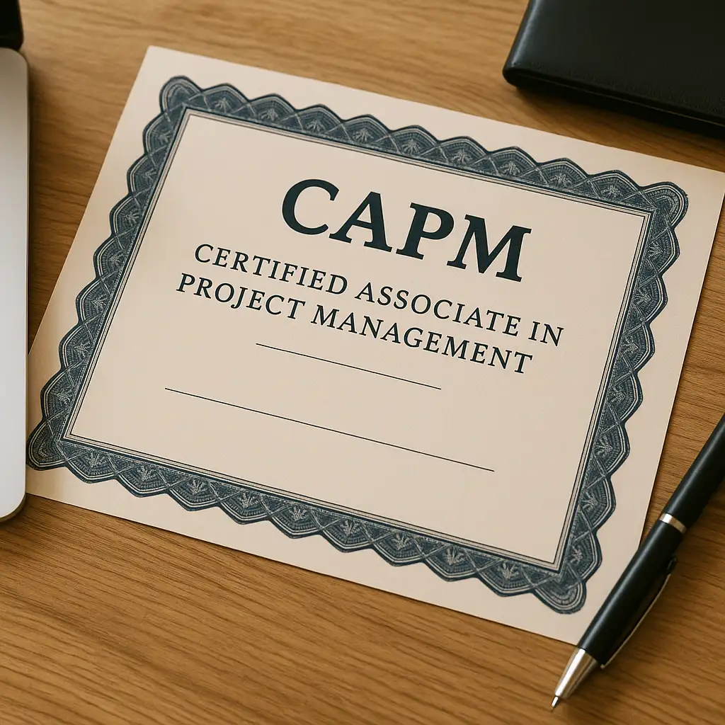 A CAPM (Certified Associate in Project Management) certificate lies on a wooden desk next to a black pen, a closed notebook, and part of a laptop—perfect for those comparing PMI-ACP vs PMP career paths.