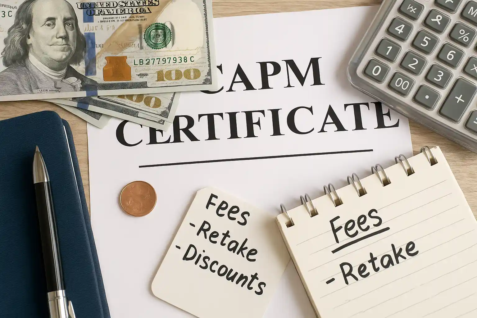 A CAPM certificate is on a desk with a calculator, a stack of $100 bills, a notebook showing “Fees - Retake - Discounts,” a pen, and a single penny.