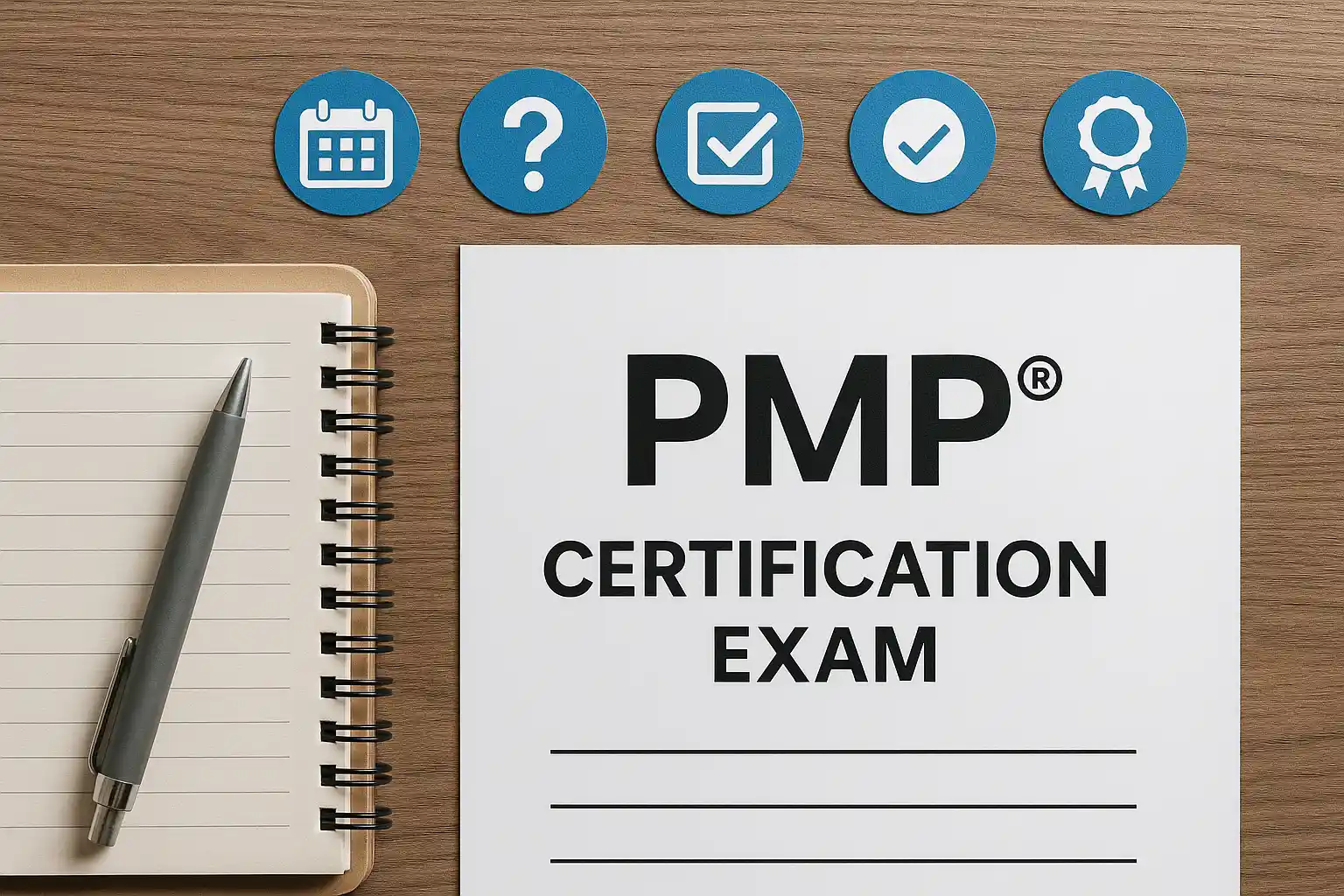 A notepad with a pen lies next to a paper labeled "PMP Certification Exam." Above are four blue icons—a calendar, question mark, checkbox, and award ribbon—highlighting important steps to ace the PMP certification exam.