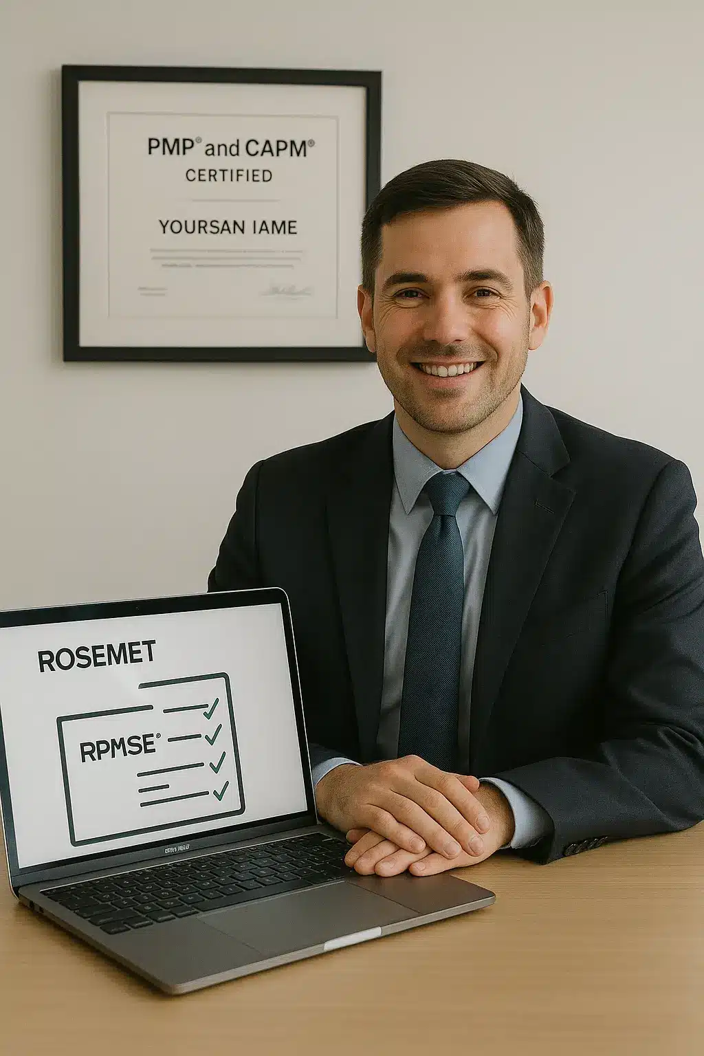 A man in a suit sits at a desk, smiling, with a laptop displaying the words "ROSEMET" and "RPMSE" beside checkmarks. A PMP and CAPM certificate is framed on the wall behind him.