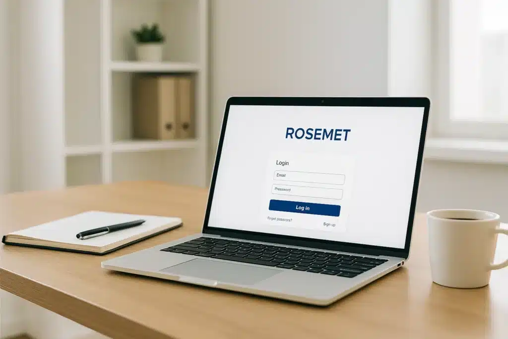 A laptop on a wooden desk displays a login screen for "ROSEMET." Nearby are a notebook with a pen and a white coffee mug. A bright, tidy room with shelves is visible in the background.