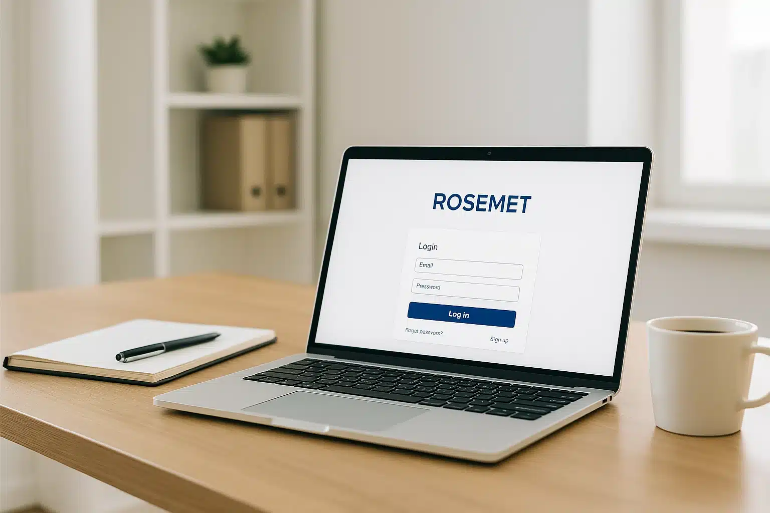 A laptop on a wooden desk displays a login screen for "ROSEMET." Nearby are a notebook with a pen and a white coffee mug. A bright, tidy room with shelves is visible in the background.