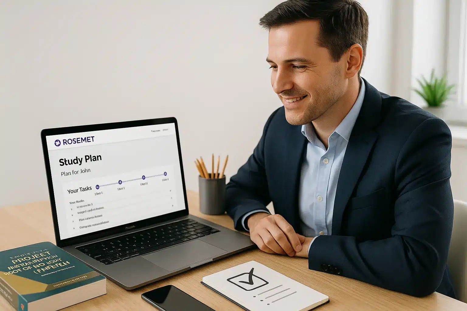 A smiling man in a suit sits at a desk, looking at a laptop displaying a "Study Plan" with a progress tracker. Books, a smartphone, pencils, and a notepad with a checkmark are also on the desk.