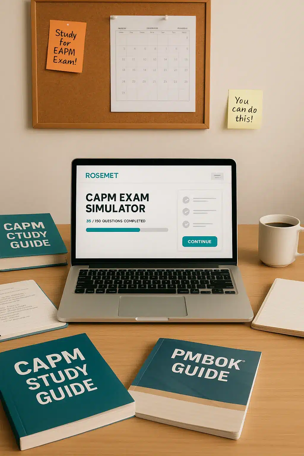 A desk with ROSEMET study materials, CAPM study guides, a PMBOK guide, a laptop displaying a CAPM exam simulator, notebooks, a pen, a coffee mug, and motivational sticky notes near a calendar on a cork board.