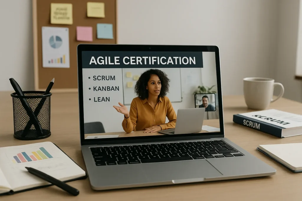A laptop shows a virtual meeting with a woman presenting about Agile Certification, listing Scrum, Kanban, and Lean. The desk has notebooks, a book labeled Scrum, a cup, and office supplies.
