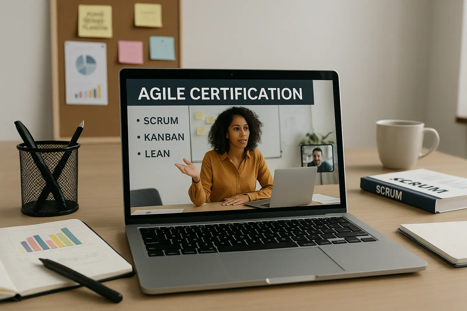 A laptop shows a virtual meeting with a woman presenting about Agile Certification, listing Scrum, Kanban, and Lean. The desk has notebooks, a book labeled Scrum, a cup, and office supplies.